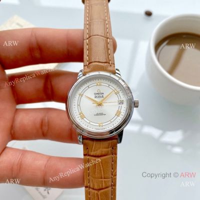 Clone Omega De Ville Prestige Ladies Watches Brown Leather Strap